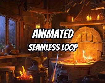 May include: A digital illustration of a blacksmith workshop interior featuring a stone fireplace with a burning fire, an anvil, a sword, and a bucket of glowing coals. The text ANIMATED SEAMLESS LOOP is centered in the middle of the image.