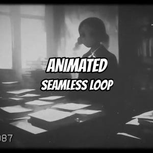 May include: A black and white animated digital illustration featuring a figure standing at a desk covered in stacks of paper. The text "ANIMATED SEAMLESS LOOP" is centered in the middle of the frame in a bold, white, sans-serif font.