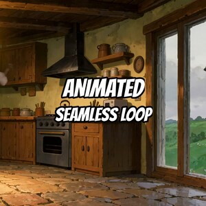 Accogliente cucina con vista sul mulino a vento - Sfondo animato per concentrazione e studio · 1080p MP4 immagine 1
