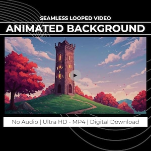 May include: Animated background video featuring a medieval tower on a grassy hill with red trees and a winding path. The sky is blue with clouds. Text on the image reads: "SEAMLESS LOOPED VIDEO ANIMATED BACKGROUND" and "No Audio | Ultra HD - MP4 | Digital Download."