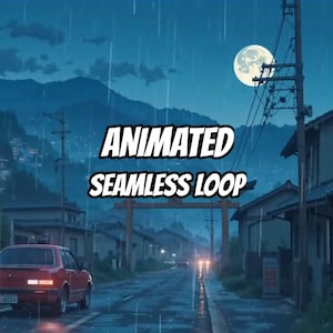 Könnte beinhalten: Eine animierte digitale Illustration einer regnerischen Straßenszene bei Nacht mit einer roten Limousine auf der linken Seite, einem Vollmond am Himmel und einem traditionellen Torii-Tor in der Ferne. Der Text ANIMATED SEAMLESS LOOP ist zentriert.