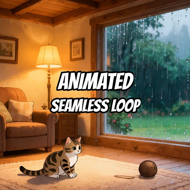 Rainy Living Room Cat Playing Live Wallpaper for Zoom Calls · 1080p MP4 image 1