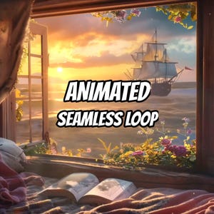 Può includere: Un libro aperto poggia su una superficie morbida davanti a una finestra che si affaccia sul mare al tramonto. Un grande veliero con vele bianche è visibile sull'acqua. Il testo ANIMATED SEAMLESS LOOP è centrato in lettere nere sulla vista.
