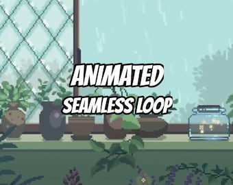 Fond animé pixel art chaleureux avec fenêtre pluvieuse pour streamers · 1080p MP4