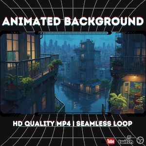 May include: An animated background image featuring a rainy cityscape with buildings and balconies. The text "ANIMATED BACKGROUND" is at the top, and "HD QUALITY MP4 | SEAMLESS LOOP" is at the bottom. The image has a dark, moody color palette.