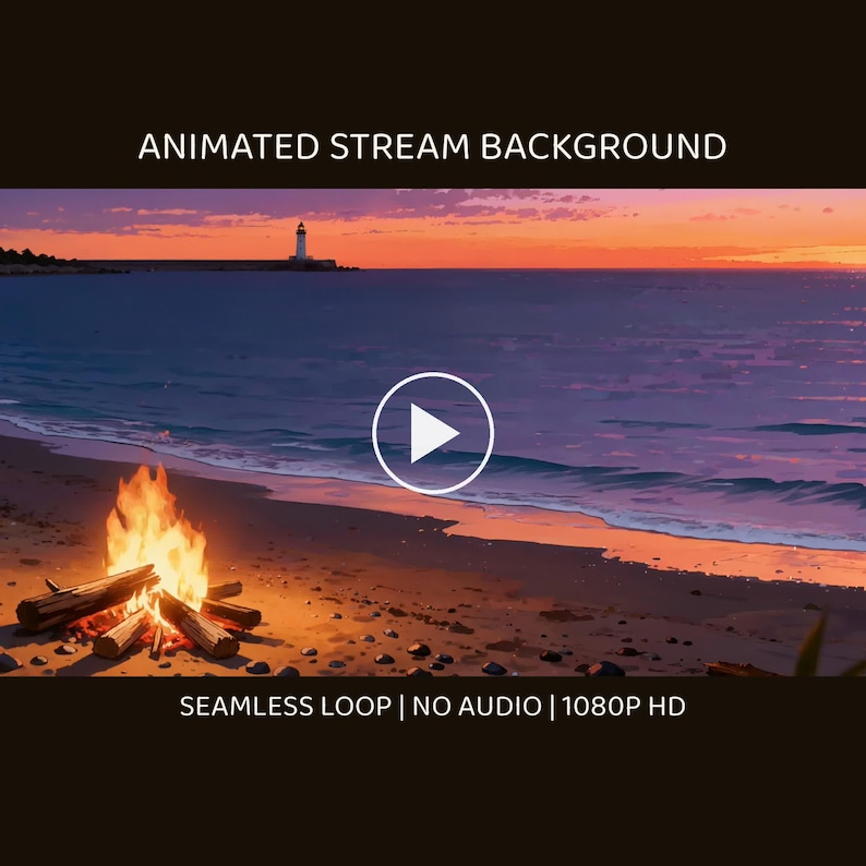 Cenário animado de pôr do sol com fogueira na praia aconchegante para streaming · 4K + 4K + 1080p MP4 imagem 1