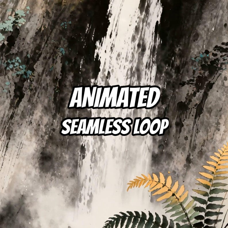 Inkttekening Waterval Berg Zonsopgang Geanimeerde Achtergrond voor VTuber · 1080p MP4 afbeelding 1