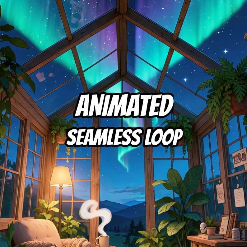 Gezellige Aurora Kas Nacht Geanimeerde Achtergrond voor VTubers · 1080p MP4 afbeelding 1