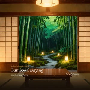 Japanese Room Overlooking Bamboo Forest Path with Lanterns Animated Background for VTubers · 1080p MP4