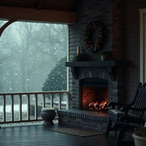 Chimenea en un acogedor solárium invernal con fondo animado de nieve para vídeos Lofi · 1080p MP4 imagen 2