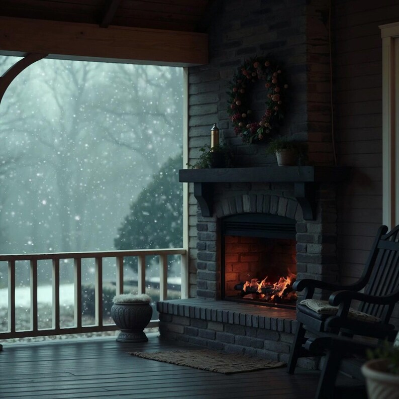 Chimenea en un acogedor solárium invernal con fondo animado de nieve para vídeos Lofi · 1080p MP4 imagen 2