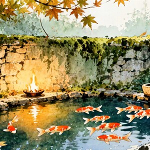 Autumn Koi Pond with Firepit Animated Background for VTuber Stream · 1080p MP4 image 2