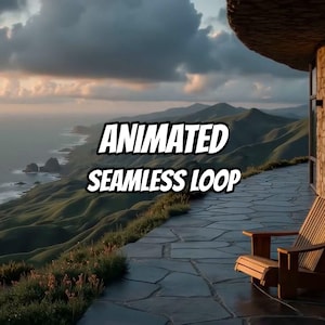 May include: A wooden chair sits on a stone patio overlooking a coastal landscape with rolling green hills and a sunset sky. The text "ANIMATED SEAMLESS LOOP" is centered in the middle of the image in bold white letters with a black outline.