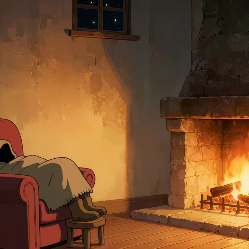 Cozy Fireside Night Sleeping Figure Animated Background for Work From Home · 1080p MP4 image 2
