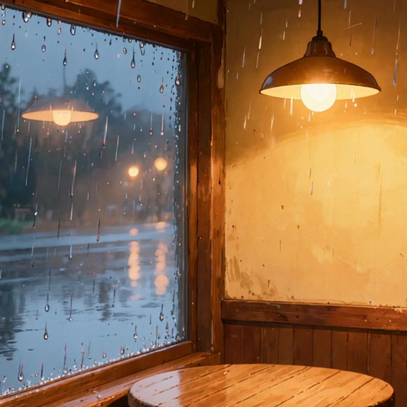 Fondo animado de rincón de café lluvioso junto a la ventana para protector de pantalla de TV · 4K + 4K + 1080p MP4 imagen 2
