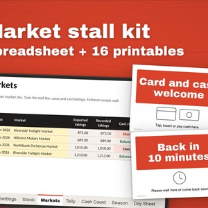 Könnte beinhalten: Ein digitales Marktstand-Kit mit einer Tabellenkalkulationsoberfläche mit Spalten für Datum, Markt, erwartete Einnahmen und erfasste Einnahmen. Zwei weiße, druckbare Schilder enthalten die Aufschriften Card and cash welcome und Back in 10 minutes.