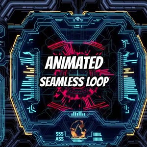 May include: A digital interface display featuring a complex geometric HUD with glowing blue and yellow lines on a black background. The center contains a vibrant red circular graphic. The text ANIMATED SEAMLESS LOOP is centered in white.