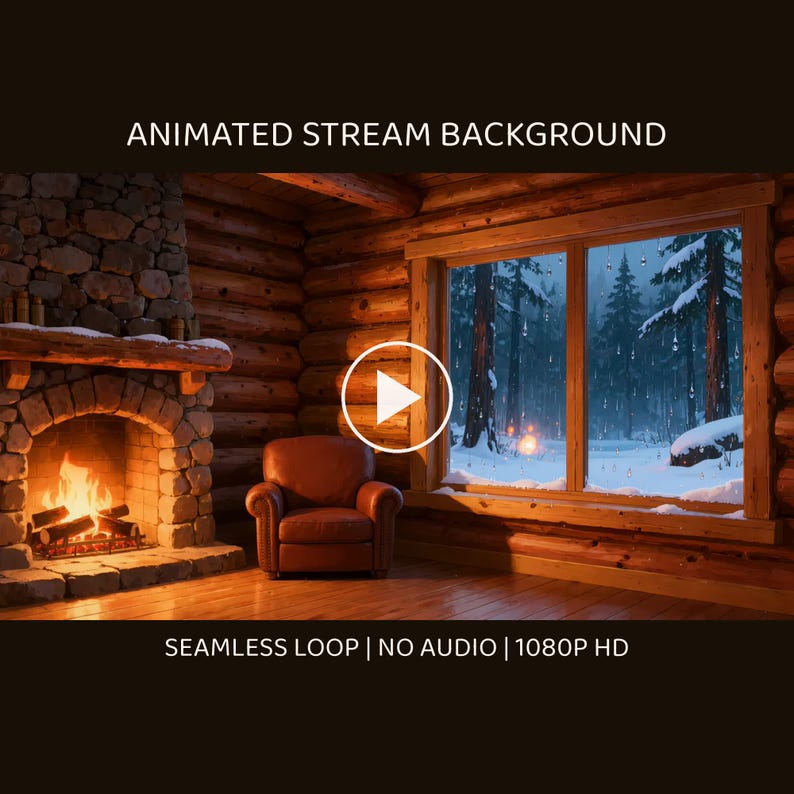 Cozy Log Cabin Fireplace Winter Window Video Background for OBS Streaming · 4K + 1080p MP4 image 1