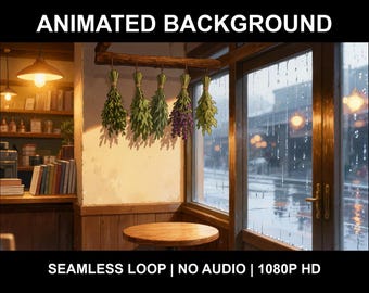 Cozy Herbal Cafe Window Rain Animated Background for Lofi Videos · 1080p MP4