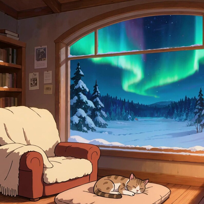 Cabana aconchegante na neve com papel de parede animado da Aurora Boreal para reuniões virtuais · 1080p MP4 imagem 2