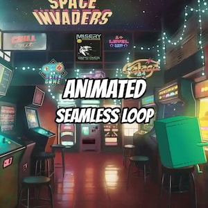 May include: An arcade room featuring multiple gaming cabinets with neon signage including Space Invaders, Misery Worldwide, and Galaga. A green square character sits on a stool in the foreground. The text ANIMATED SEAMLESS LOOP is centred.