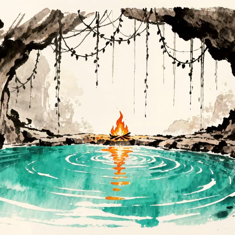 Cave Pool Campfire with Vines Animated Background for Lofi Stream · 1080p MP4 image 2