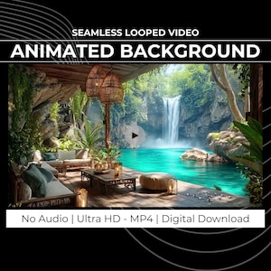 Könnte beinhalten: Animierter Hintergrund mit einer friedlichen tropischen Szene. Ein Wasserfall stürzt in einen türkisfarbenen Pool, umgeben von üppigem Grün. Der Text lautet "SEAMLESS LOOPED VIDEO ANIMATED BACKGROUND" und "No Audio | Ultra HD - MP4 | Digital Download."