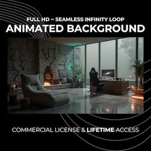 Könnte beinhalten: Ein Bild eines modernen Innenarchitekturdesigns mit dem Text "FULL HD ~ SEAMLESS INFINITY LOOP ANIMATED BACKGROUND". Die Szene zeigt einen Kamin, einen Sessel und einen Schreibtisch mit einem Computer. Der Text "COMMERCIAL LICENSE & LIFETIME ACCESS" ist ebenfalls vorhanden.