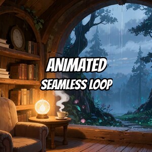 以下が含まれることがあります： アニメーションのシームレスループデジタルイラスト。木製の本棚、ベージュのアームチェア、光る球体のランプ、丸いテーブルの上の湯気の立つカップがある居心地の良い部屋と、大きなアーチ型の窓から見える雨の森の風景が描かれています。