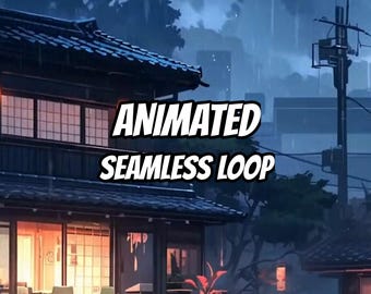 Pode incluir: Uma ilustração digital animada em loop contínuo de um exterior de casa de estilo japonês tradicional durante uma chuva ao anoitecer. O edifício apresenta telhados de telhas escuras, janelas iluminadas com luz quente e o texto ANIMATED SEAMLESS LOOP.