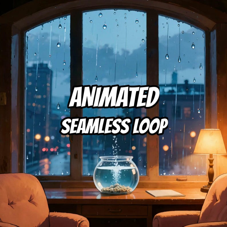 Fond animé de bibliothèque de loft en ville pluvieuse pour vidéos lo-fi · 1080p MP4 image 1