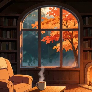 Gemütliches Herbst-Bibliotheksfenster mit Kamin – Live-Hintergrundbild für VTuber · 1080p MP4 Bild 2