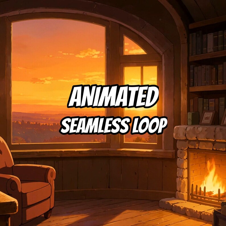 Cozy Sunset Library Fireplace Animated Background for TV Screensaver · 1080p MP4 image 1