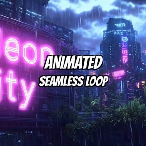 Cyberpunk-Schlafzimmer-Neonstadt-Regen-Animationshintergrund für Streaming · 1080p MP4