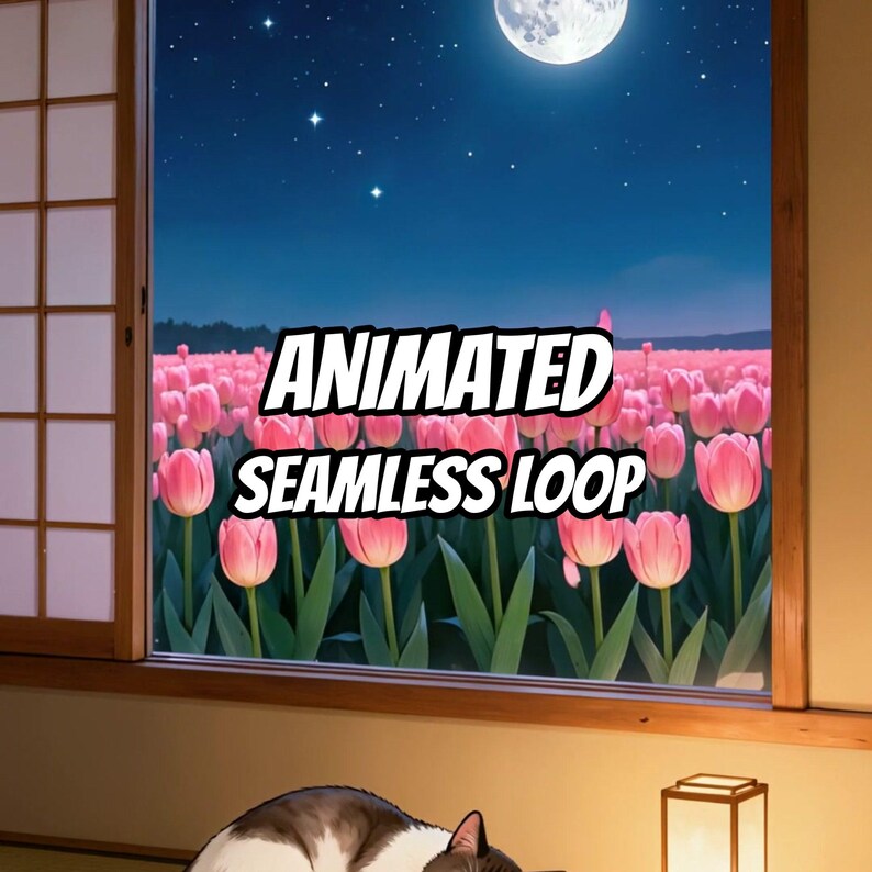 Schlafende Katze, Fensterblick, rosa Tulpen, Mond – Vertikaler Hintergrund für Lofi und Lernen · 1080p MP4 Bild 1