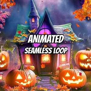 Puede incluir: Una casa encantada de color morado con una puerta y ventanas de color naranja brillante, rodeada de varias calabazas iluminadas y hojas de otoño esparcidas. El texto ANIMATED SEAMLESS LOOP está centrado en letras negras sobre la casa.