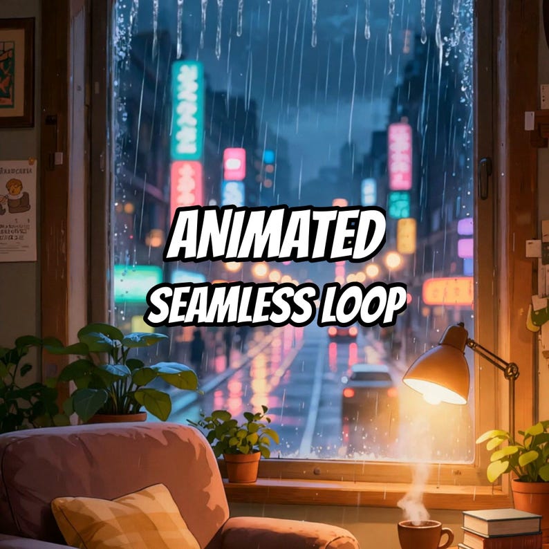 居心地の良い雨の降る街の窓のアニメーション背景（ストリーミング用） · 1080p MP4 画像 1