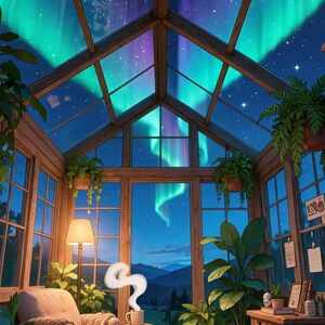 Gezellige Aurora Kas Nacht Geanimeerde Achtergrond voor VTubers · 1080p MP4 afbeelding 2