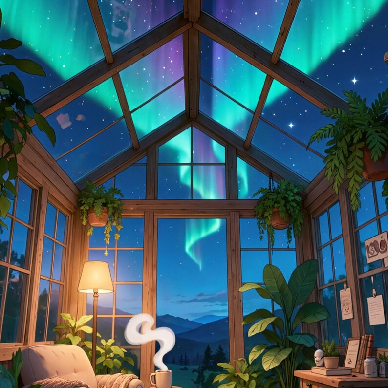 Gezellige Aurora Kas Nacht Geanimeerde Achtergrond voor VTubers · 1080p MP4 afbeelding 2