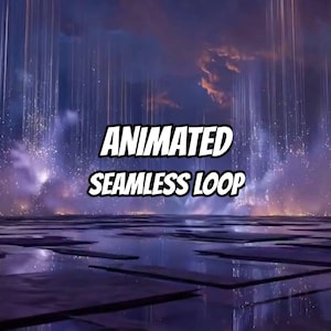 Peut inclure: Un graphique numérique représentant un paysage violet et bleu foncé avec des traînées lumineuses verticales descendant sur une surface carrelée réfléchissante. Le texte ANIMATED SEAMLESS LOOP est centré en blanc avec un contour noir.