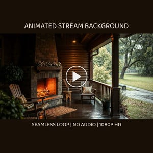 居心地の良いキャビンの暖炉と雨の降る窓のアニメーション背景（ストリーミング用） · 1080p MP4