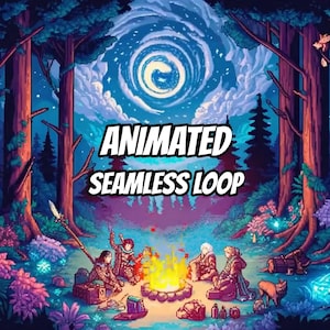 Accogliente sfondo animato con falò notturno in una foresta pixelata per VTuber · 1080p MP4