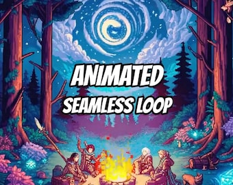 Fond animé de nuit de feu de camp en forêt pixelisée et chaleureuse pour VTubers · 1080p MP4