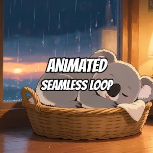 Gemütlicher Koala schläft vor regnerischem Fenster – animierter Hintergrund für Lofi · 1080p MP4 Bild 1