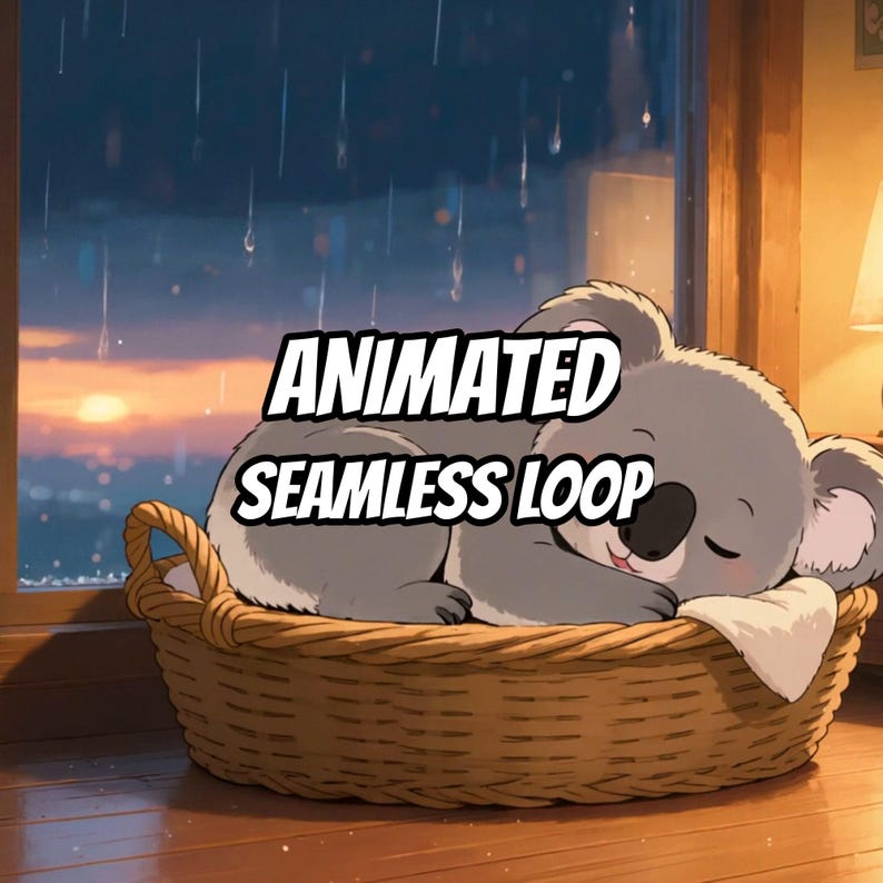 Gemütlicher Koala schläft vor regnerischem Fenster – animierter Hintergrund für Lofi · 1080p MP4 Bild 1