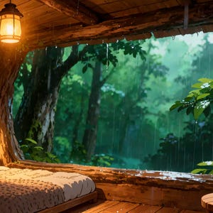 Cozy Treehouse Bedroom Rainy Forest View Animated Background for Spotify Canvas · 1080p MP4 image 2
