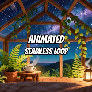 Starry Night Greenhouse Cozy Retreat Animated Wallpaper for Lofi and Study · 1080p MP4 image 1
