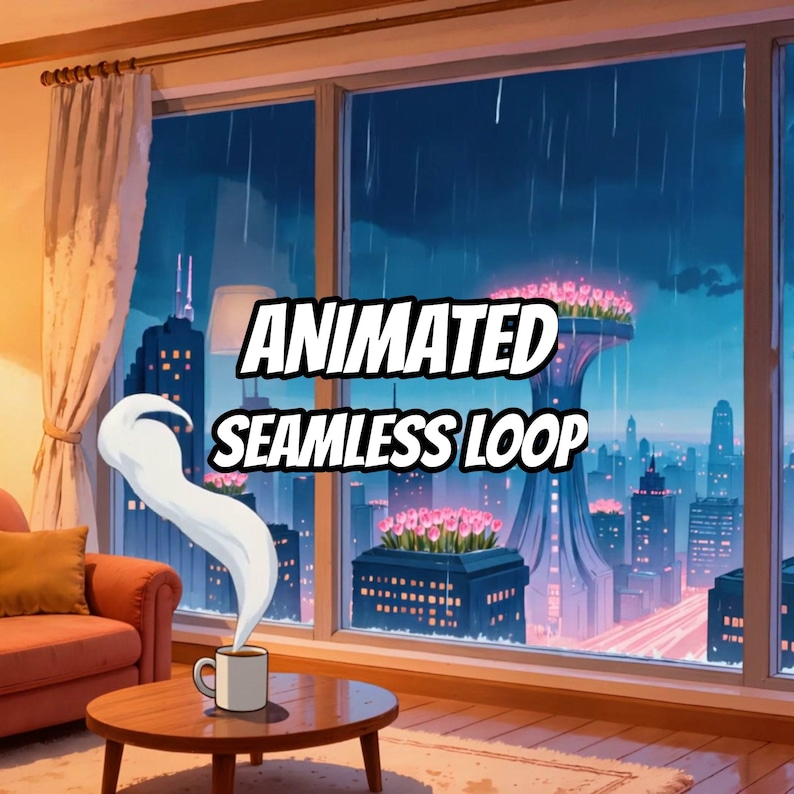 雨の降るサイバーパンク風アパートの窓のアニメーション壁紙（ローファイや勉強用） · 1080p MP4 画像 1