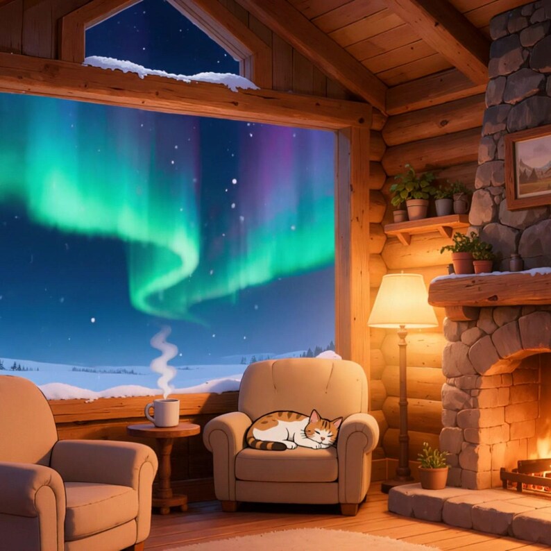 Cozy Cabin Northern Lights Animated Background for Vtuber Stream · 1080p MP4 image 2