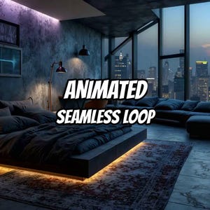 Puede incluir: Un dormitorio moderno con una cama de perfil bajo, iluminación cálida bajo la estructura, ropa de cama oscura y una alfombra texturizada. Grandes ventanales ofrecen vistas a la ciudad al atardecer. El texto ANIMATED SEAMLESS LOOP está centrado.